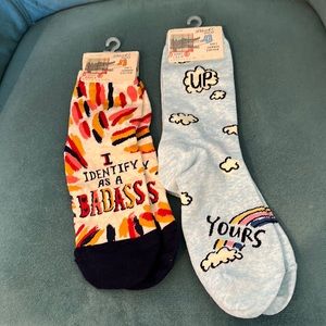2 Pair Blue Q Women’s Socks: Up Yours and I Identify As A Badass Size 5-10 NWT